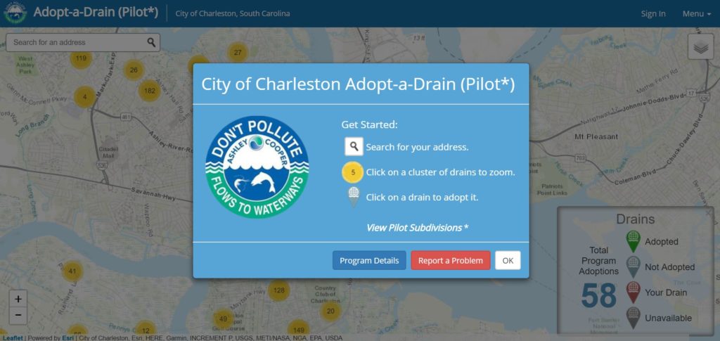 Screenshot of Charleston Adopt-A-Drain Pilot Project