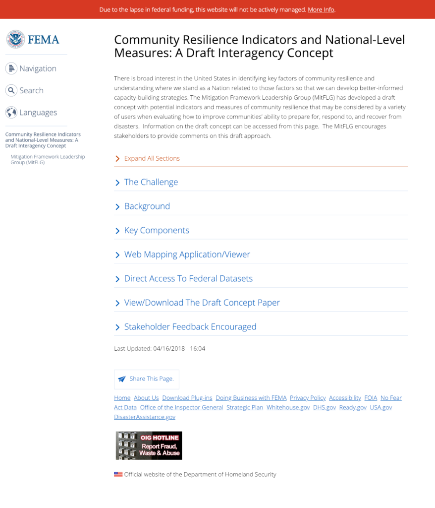 Screenshot of Community Resilience Indicators and National-Level Measures: A Draft Interagency Concept