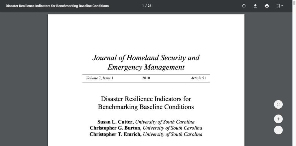 Screenshot of Disaster Resilience Indicators for Benchmarking Baseline Conditions