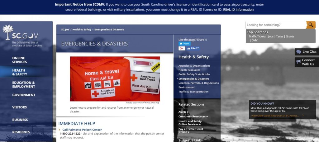 Screenshot of SC.gov/Health & Safety/Emergencies and Disasters