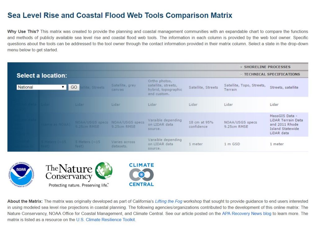 Screenshot of Sea Level Rise and Coastal Flood Web Tools Comparison Matrix