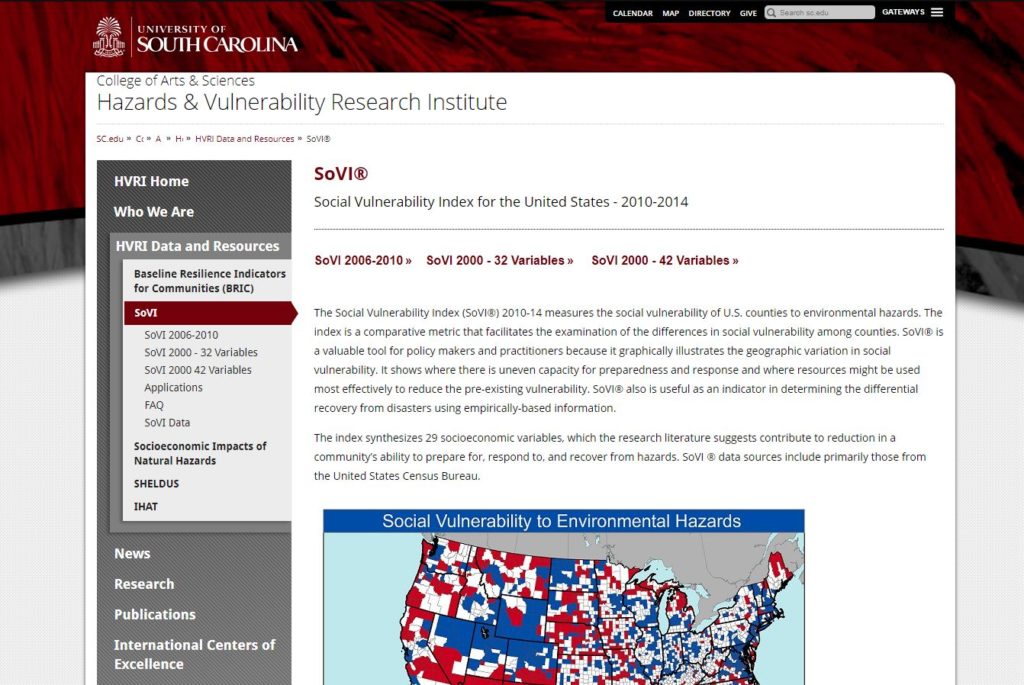 Screenshot of Social Vulnerability Index: SoVI