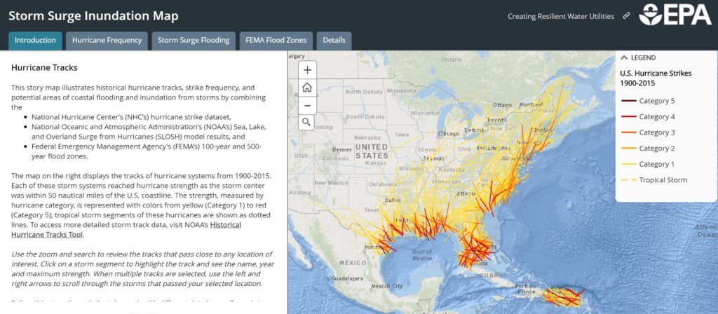Screenshot of Storm Surge Inundation and Hurricane Strike Frequency Map