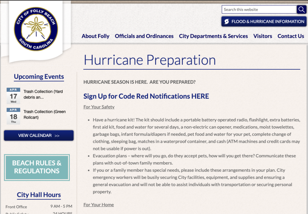 Screenshot of Folly Hurricane Information