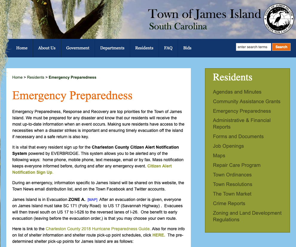 Screenshot of Town of James Island Emergency Preparedness